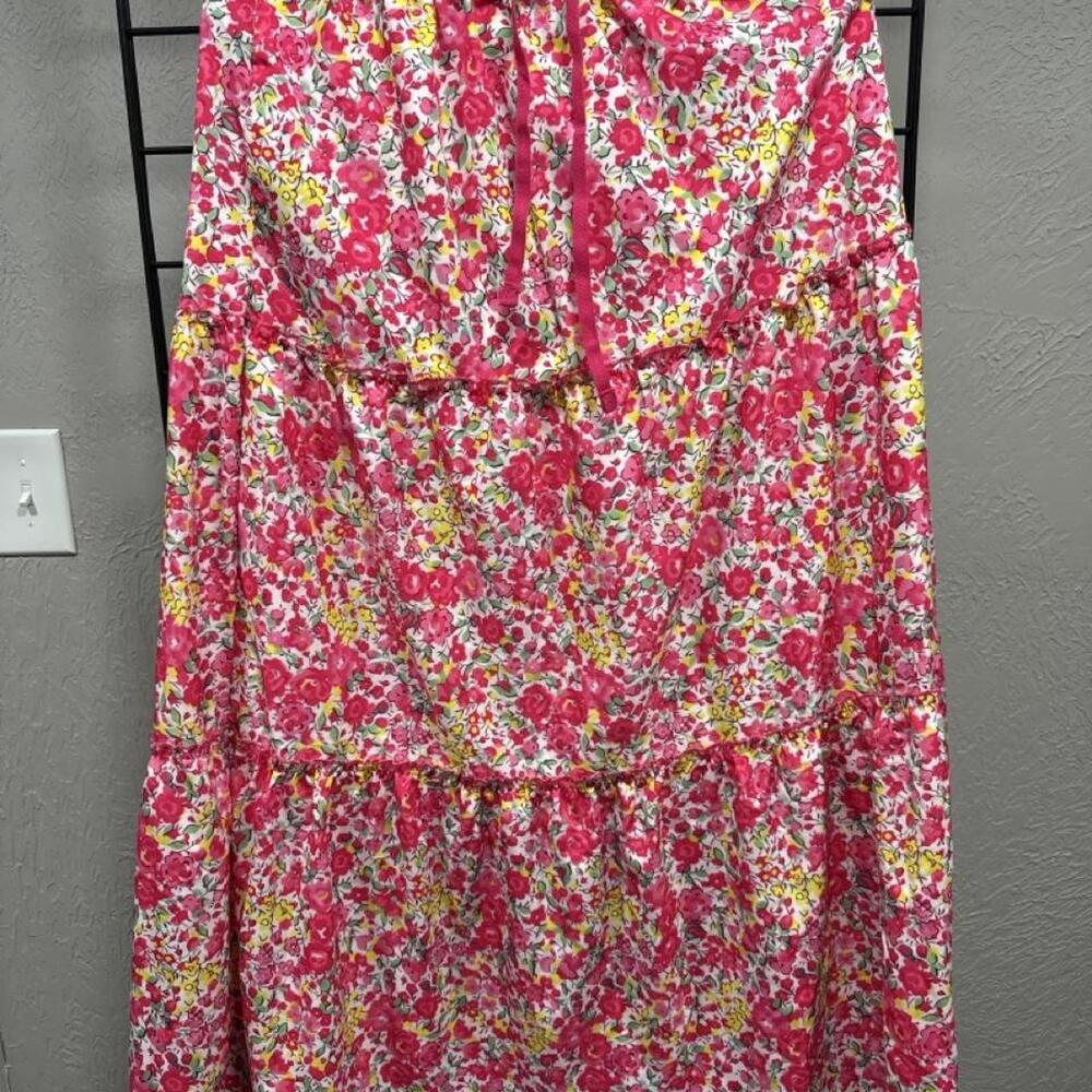 Pink, yellow, and white floral polyester skirt with ruffle detail, size M #flora